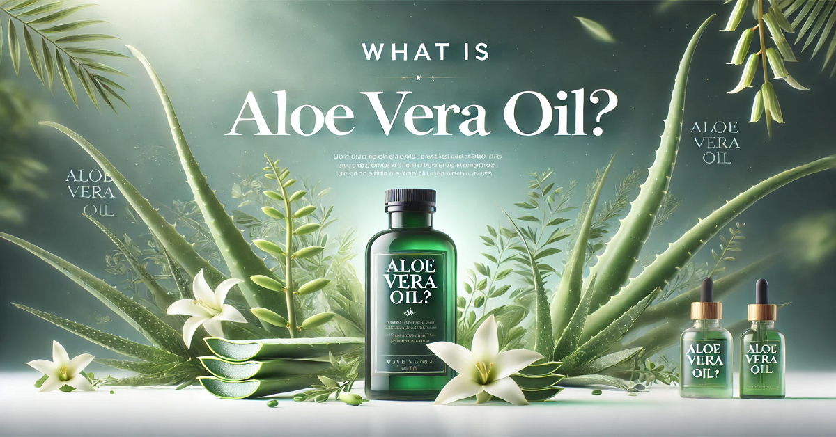 A wide and visually appealing image of Aloe Vera oil featuring a small elegant bottle surrounded by fresh aloe vera leaves. The text "What is Aloe Vera Oil?" is prominently displayed, blending seamlessly with the serene green and white background, highlighting the natural and soothing essence of the oil.