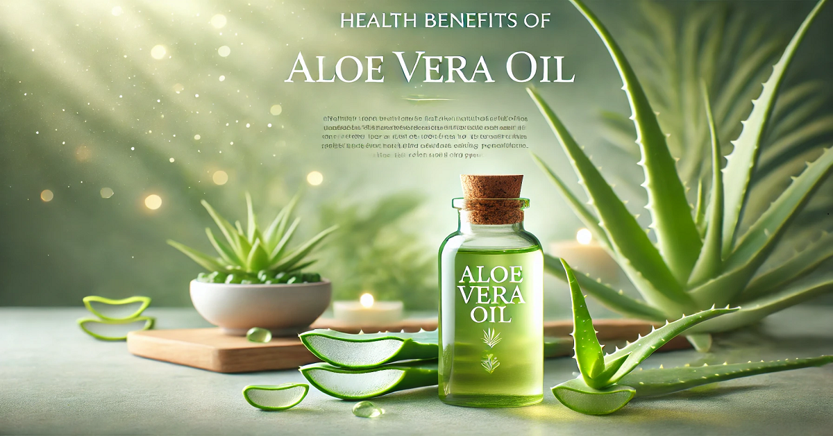 A wide image highlighting the health benefits of Aloe Vera oil, featuring a small elegant bottle surrounded by vibrant green aloe vera leaves. The serene background and soft lighting emphasize the oil's soothing, hydrating, and healing properties, with the text "Health Benefits of Aloe Vera Oil" elegantly displayed to complement the natural theme.