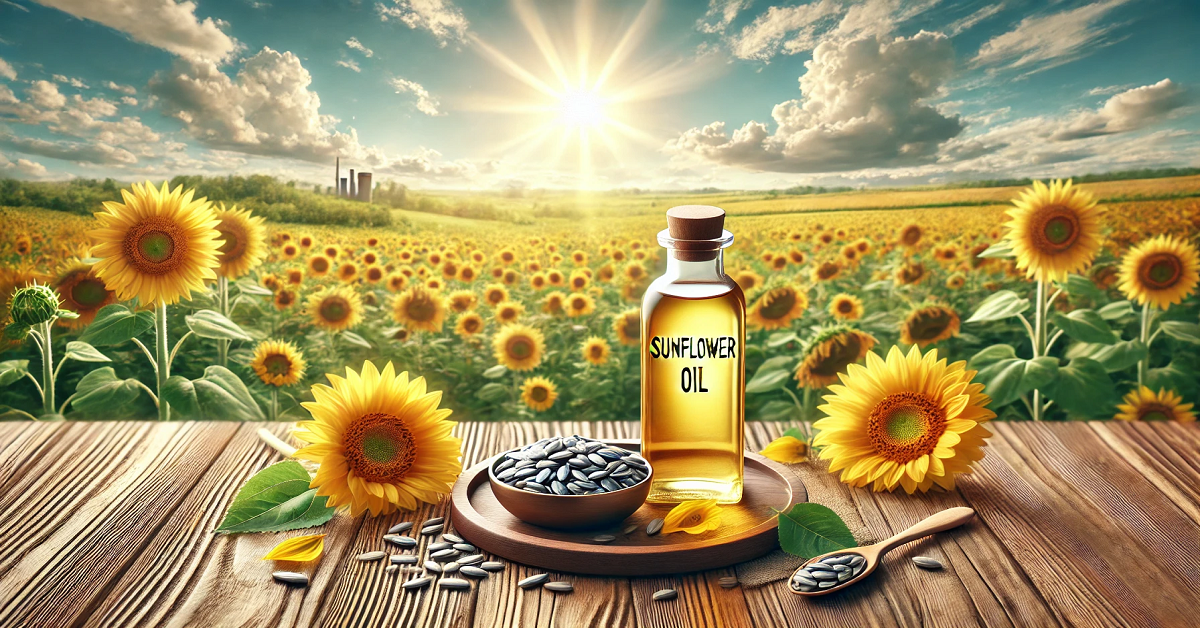 An inviting header image for an article about sunflower oil, showcasing a sleek glass bottle of sunflower oil placed on a rustic wooden table. The backdrop features a vibrant sunflower field under a bright blue sky, with sunflower seeds and petals elegantly arranged around the bottle, symbolizing health, nature, and vitality.