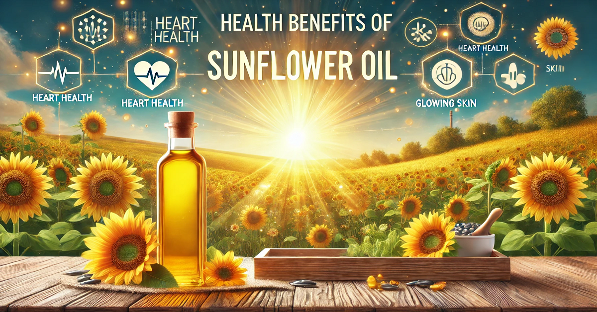 An engaging visual showcasing the health benefits of sunflower oil, featuring a vibrant sunflower field and a sleek glass bottle of sunflower oil on a rustic table. Surrounding elements like sunflower seeds and icons symbolizing heart health, glowing skin, and balanced nutrition emphasize the oil's role in promoting overall wellness