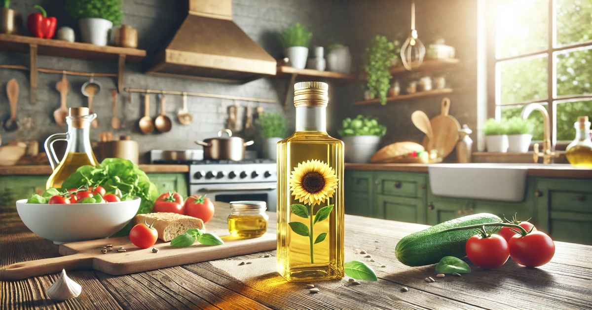 A cozy kitchen scene featuring a sleek bottle of sunflower oil on a rustic wooden countertop. Surrounded by fresh vegetables, bread, and a salad bowl, the image highlights the versatility and health benefits of sunflower oil in everyday cooking.