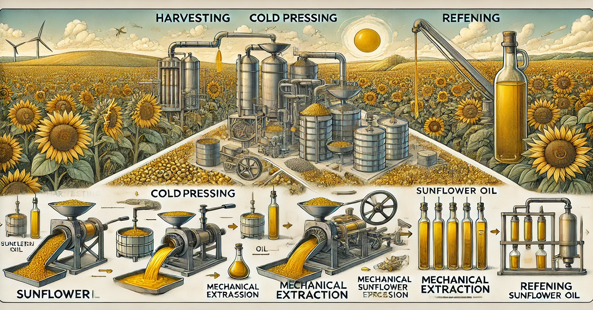 An educational visual illustrating the various methods of extracting sunflower oil. The image features a sequence of steps, including sunflower seed harvesting, cold pressing, mechanical extraction, and refining, with each stage clearly represented. Set against a backdrop of blooming sunflower fields, it blends natural and industrial elements to showcase the process of creating this golden oil.