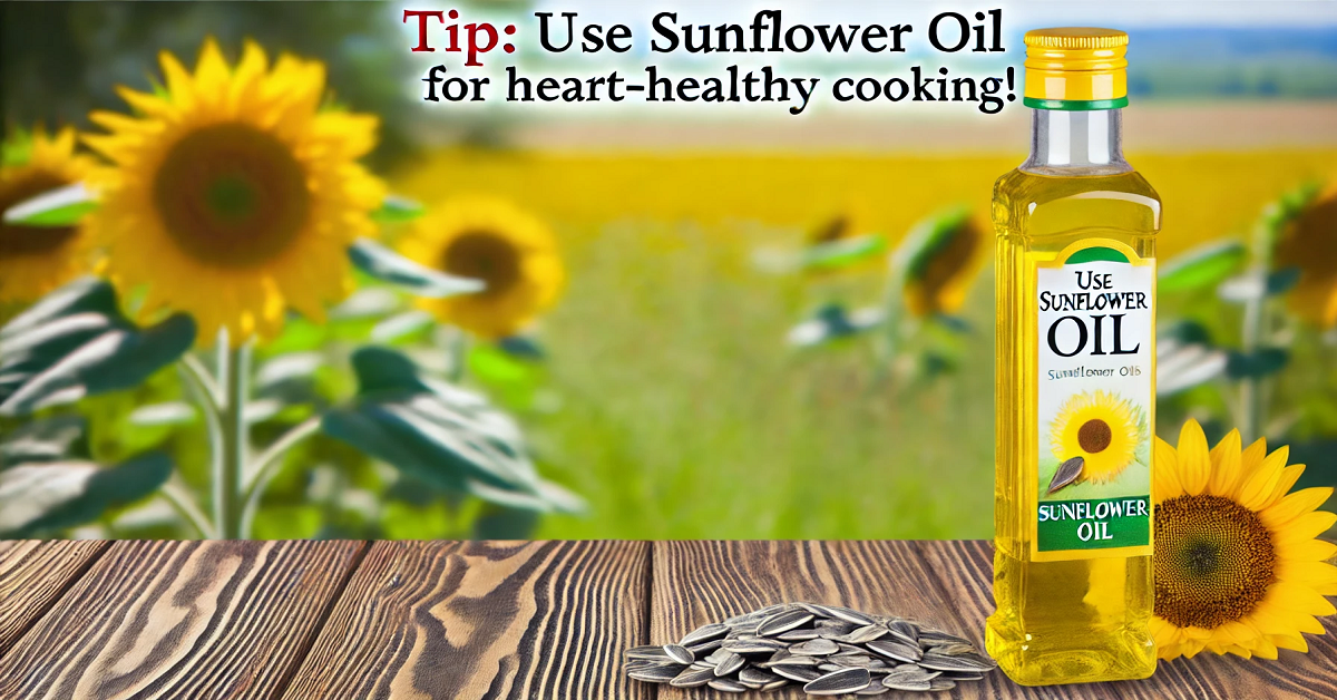 A vibrant image featuring a sleek bottle of sunflower oil placed on a rustic wooden table, surrounded by sunflower seeds and petals. The backdrop of blooming sunflowers under a clear blue sky emphasizes nature and health. The text overlay offers a helpful tip: 'Use Sunflower Oil for Heart-Healthy Cooking.