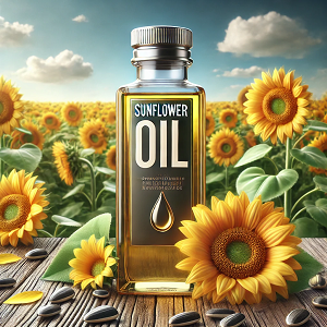 A captivating header image for a sunflower oil article, featuring a sleek glass bottle of sunflower oil placed on a rustic wooden table. The backdrop showcases a vibrant sunflower field under a clear blue sky, with sunflower seeds and petals elegantly arranged around the bottle, symbolizing health, nature, and vitality.