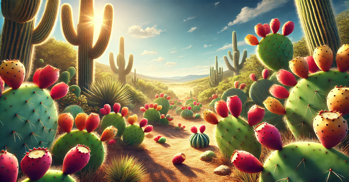 Wide view of prickly pear cactus plants in a sunny desert setting, showcasing vibrant green pads and colorful ripe fruits in shades of red, pink, and yellow against a clear blue sky, perfect for illustrating the natural beauty of prickly pears