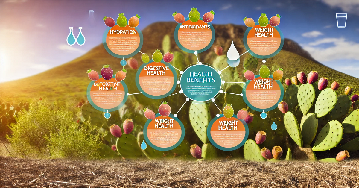 An infographic-style image showcasing the health benefits of prickly pear cactus in a natural desert setting. The image highlights key benefits such as hydration, antioxidants, digestive health, weight management, and improved skin health with vibrant illustrations of cactus pads and colorful fruits under a clear blue sky.