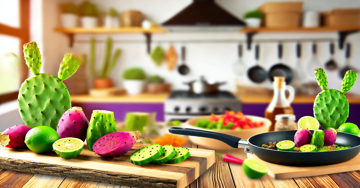 An inviting kitchen scene showcasing the culinary uses of prickly pear cactus. The image features vibrant prickly pear fruits being sliced on a wooden cutting board, with cactus pads cooking in a skillet alongside fresh ingredients like lime, peppers, and spices. A bright and cozy kitchen setup highlights the versatility of prickly pear in creating healthy and flavorful dishes.