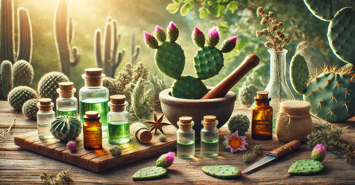 A serene depiction of prickly pear cactus used in homeopathic practices, featuring small glass vials filled with cactus extract, a mortar and pestle with cactus pads, and dried herbs arranged in a tranquil natural setting. Soft sunlight filters through lush greenery, creating a calming and holistic atmosphere, perfect for representing natural healing traditions.