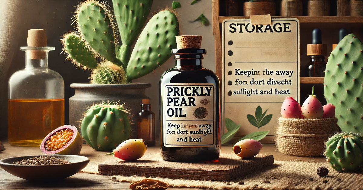 A detailed depiction of proper storage for prickly pear oil, featuring a dark glass bottle labeled 'Prickly Pear Oil' placed on a wooden shelf in a cool, shaded environment. The scene includes natural elements such as cactus fruits, pads, and a note with storage tips emphasizing protection from direct sunlight and heat. The earthy and natural ambiance highlights care and preservation practices.