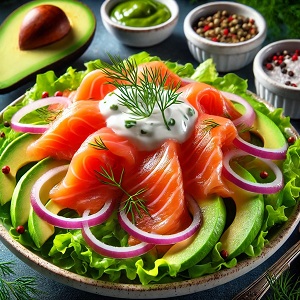 Photo of this fresh and flavor-packed Smoked Salmon Salad, featuring juicy slices of smoked salmon, juicy avocado, crunchy red onions, and fresh leafy greens. Garnish the salad with yogurt sauce and fresh dill to add a distinctive flavour, making it a healthy and nutritious dish with a luxurious touch.