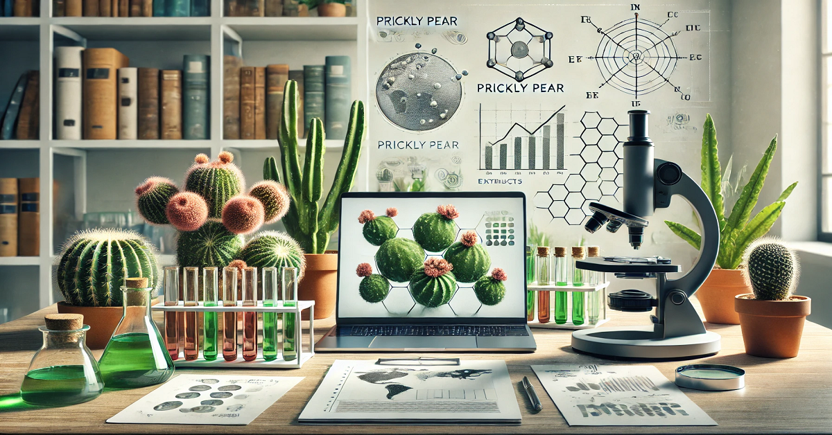 A professional and educational image showcasing research and studies on prickly pear cactus. The scene includes a laboratory setup with a microscope, test tubes containing cactus extracts, scientific documents, and a laptop displaying graphs and data. Potted cacti and books in the background symbolize the connection between natural science and modern research, highlighting the scientific exploration of prickly pear benefits.