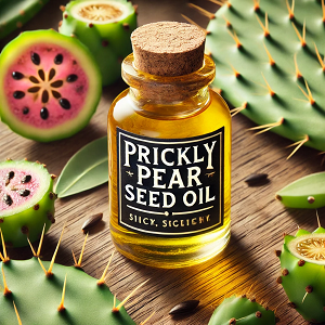 A visually captivating image showcasing a small bottle of prickly pear seed oil, elegantly placed among sliced prickly pear fruits and fresh green cactus pads. The golden hue of the oil reflects its purity and natural essence, emphasizing its organic and healthy properties. Perfectly suited as a header image for an article about the benefits of prickly pear seed oil.