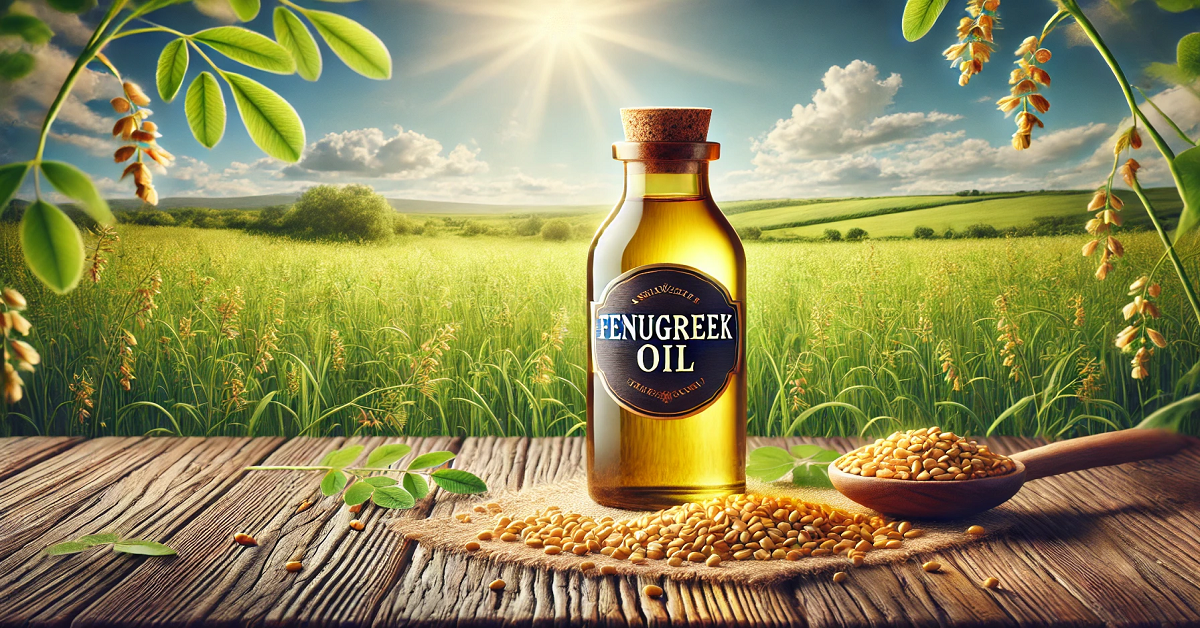 A captivating header image for an article on fenugreek oil, featuring a lush green field of fenugreek plants under a clear blue sky. In the foreground, a small, elegant bottle of fenugreek oil is placed on a rustic wooden surface surrounded by golden fenugreek seeds, highlighting the natural origins and health benefits of the oil.