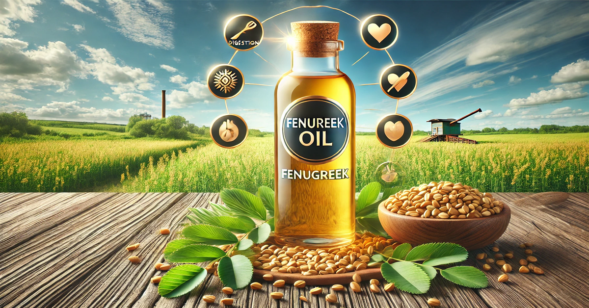 A vibrant image highlighting the core health benefits of fenugreek oil. The scene features a sleek glass bottle labeled 'Fenugreek Oil' on a rustic wooden table, surrounded by golden fenugreek seeds and fresh green leaves. In the background, a lush fenugreek field under a bright blue sky sets a natural tone, emphasizing its benefits for digestion, skin health, and blood sugar balance.