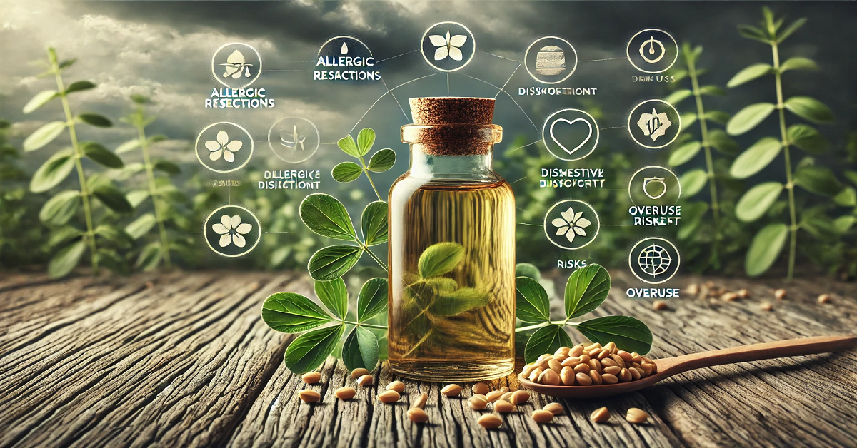 A balanced image illustrating the potential drawbacks of fenugreek oil. The scene features a glass bottle of fenugreek oil on a rustic wooden table, surrounded by scattered fenugreek seeds and leaves. The muted tones and cloudy background symbolize caution, while icons highlight possible concerns, such as allergic reactions, digestive issues, and risks of overuse.