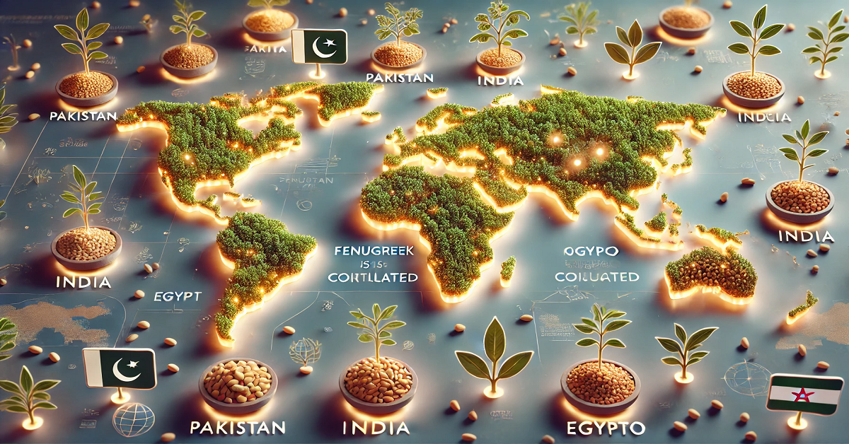 An educational image highlighting the countries where fenugreek is cultivated, specifically Pakistan, India, Morocco, and Egypt. The map features glowing markers and illustrations of fenugreek plants and seeds, emphasizing these regions' significance in global fenugreek production