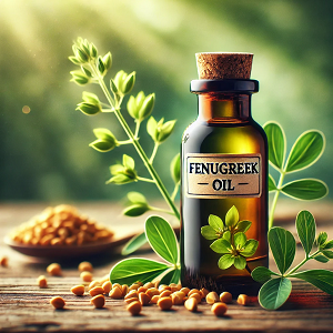 A visually appealing image featuring a stylish glass bottle of fenugreek oil with an amber or green hue, prominently labeled 'Fenugreek Oil.' The bottle is placed on a rustic wooden table, surrounded by golden fenugreek seeds and fresh green leaves, set against a softly blurred background. This composition highlights the natural origins and healthful qualities of fenugreek oil, making it ideal for a header image.