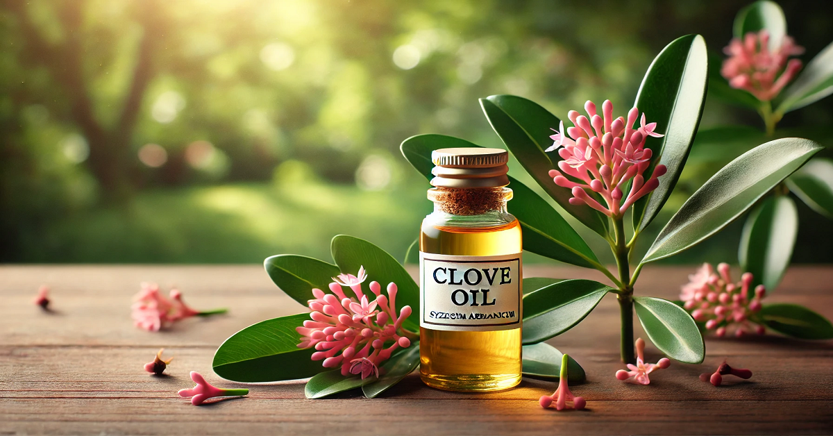 A wide image showcasing the clove plant (Syzygium aromaticum) with its vibrant green leaves and pink flower buds, accompanied by a small bottle of golden clove oil elegantly placed on a wooden surface. The background features a natural outdoor setting with diffused sunlight, evoking a sense of health and wellness.