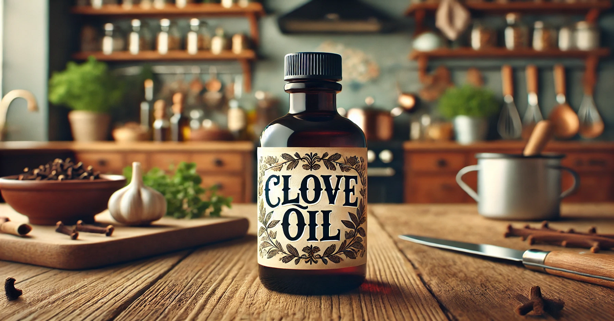 A wide image of a small bottle of clove oil labeled 'Clove Oil' placed on a wooden countertop in a cozy kitchen. The background features herbs, spices, and cooking utensils, emphasizing the culinary uses of clove oil in a warm and inviting atmosphere.