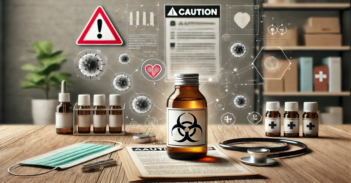 A wide image showing a bottle of clove oil placed on a wooden table, accompanied by a caution symbol and a warning label. The background includes medical items like a stethoscope, safety gloves, and notes, emphasizing the importance of understanding the risks and precautions associated with clove oil use