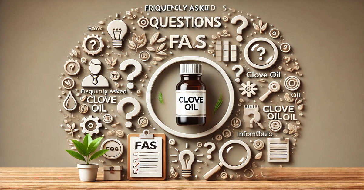 A wide image representing frequently asked questions (FAQs) about clove oil. The scene features a small bottle of clove oil placed on a wooden table, surrounded by symbols like question marks, a notepad, a magnifying glass, and a lightbulb. The clean and neutral background emphasizes clarity and the quest for knowledge, providing a professional yet approachable tone.