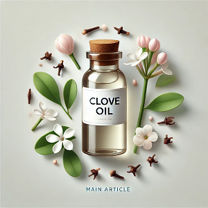 A small bottle of clove oil labeled 'Clove Oil,' surrounded by clove buds and a clove blossom, arranged on a clean white background. The image highlights the natural essence and simplicity of clove oil, perfect for a main article thumbnail.