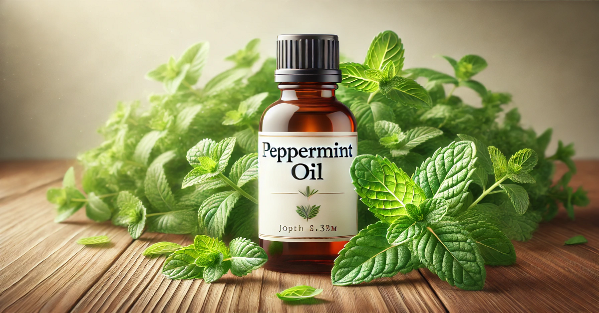 A wide image showcasing fresh peppermint leaves alongside a small bottle labeled 'Peppermint Oil,' placed on a wooden surface. The scene is lit with soft natural light, emphasizing the freshness and natural essence of the oil, perfect for an introductory visual