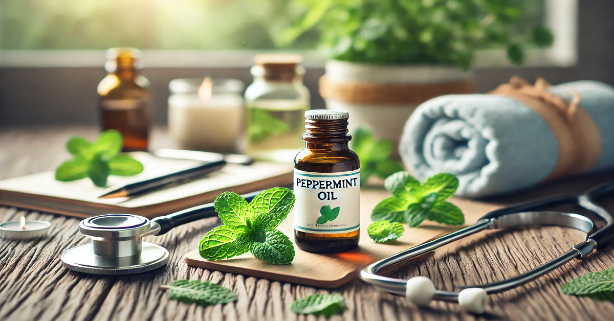 A wide image featuring a bottle of peppermint oil labeled 'Peppermint Oil,' surrounded by fresh peppermint leaves on a wooden surface. The background includes wellness elements such as a stethoscope, a notepad with health notes, and a candle, symbolizing the refreshing and health-promoting properties of peppermint oil