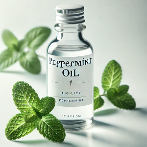 A small bottle labeled 'Peppermint Oil,' surrounded by fresh peppermint leaves, set against a clean white background with soft lighting. The image emphasizes the natural and refreshing essence of peppermint oil, ideal for a main article thumbnail