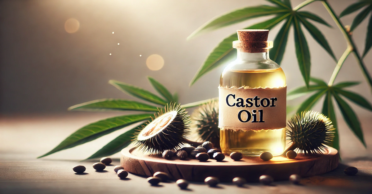 A wide image showcasing a bottle of castor oil labeled 'Castor Oil,' surrounded by castor beans and castor leaves. The bottle is placed on a wooden surface with soft natural lighting and a clean, neutral background, highlighting the natural essence and versatility of castor oil.