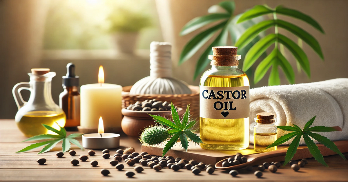 A wide image featuring a bottle of castor oil labeled 'Castor Oil,' surrounded by castor beans, green leaves, and wellness elements like a candle, a towel, and a notepad with health notes. The wooden surface and soft natural lighting create a calming atmosphere, emphasizing the health benefits of castor oil.