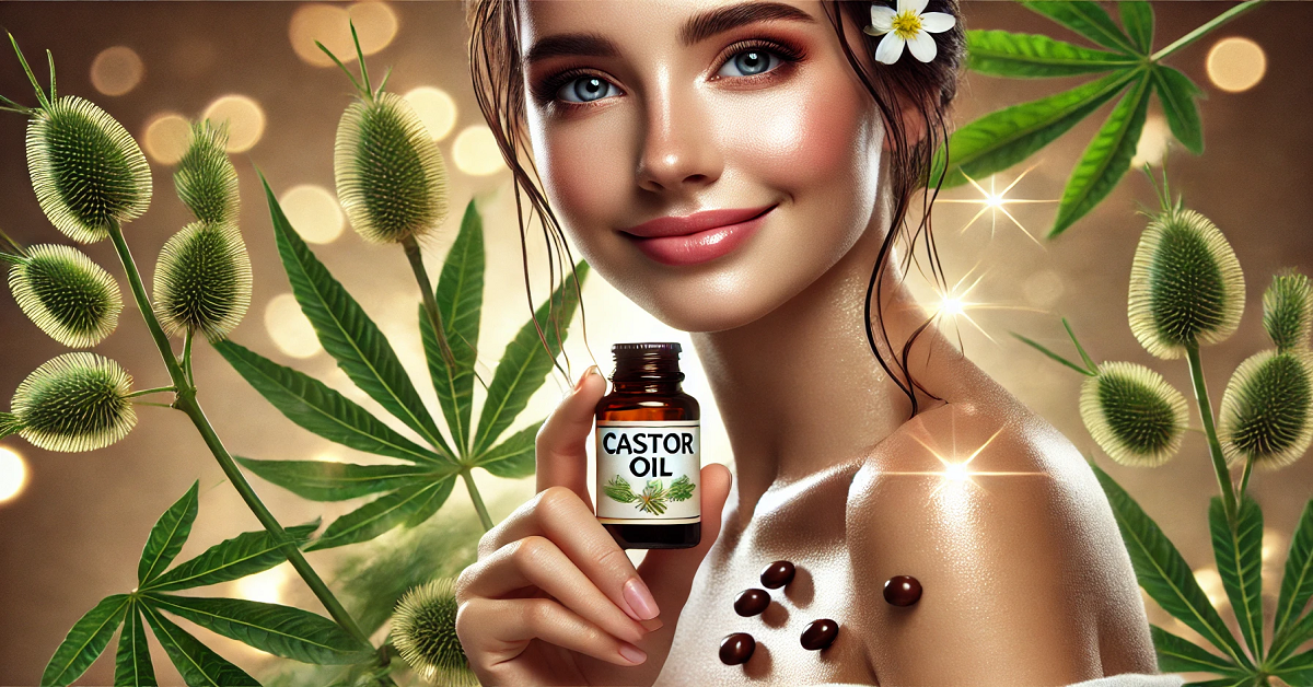 A wide image featuring a radiant woman with glowing, healthy skin holding a small bottle of castor oil labeled 'Castor Oil.' She is surrounded by castor leaves and beans, with a soft, natural background that emphasizes beauty and wellness