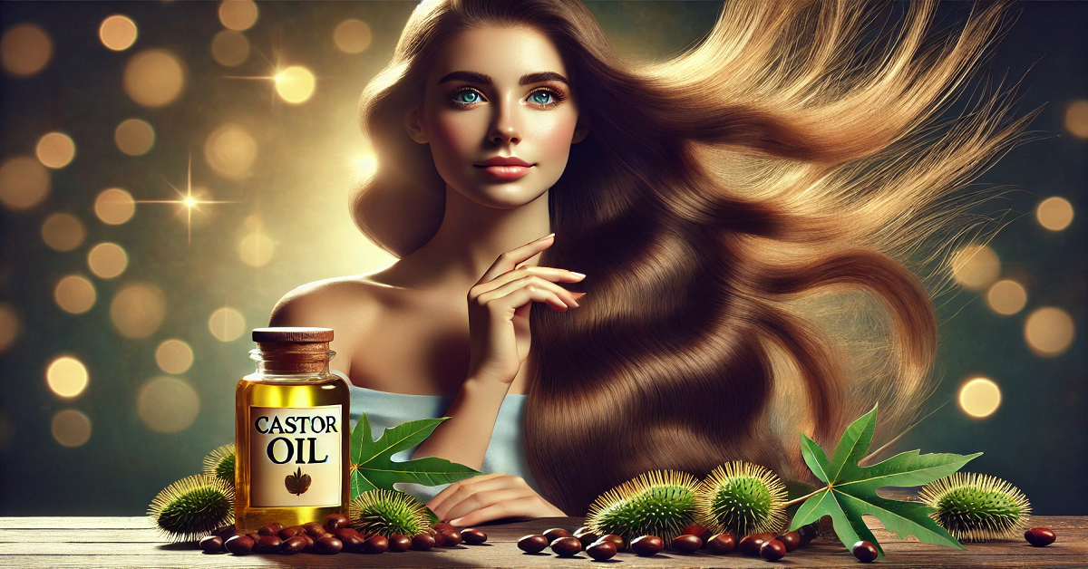 A wide image featuring a young woman with silky, vibrant, and healthy hair holding a bottle of castor oil labeled 'Castor Oil.' Her hair flows naturally, surrounded by castor beans and leaves, with a soft background emphasizing the nourishing benefits of castor oil for hair care