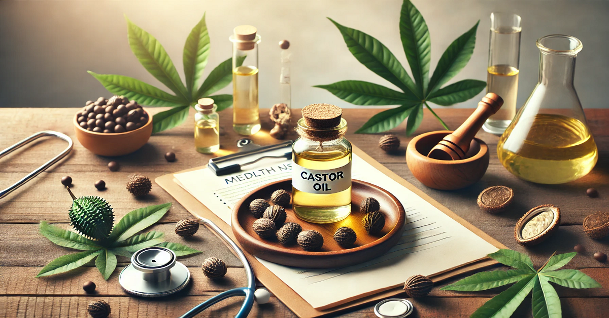 A wide image showcasing a bottle of castor oil labeled 'Castor Oil,' placed on a wooden surface surrounded by castor beans, leaves, and medical items such as a stethoscope, a notepad with health notes, and a mortar and pestle. The scene emphasizes the therapeutic and medical applications of castor oil