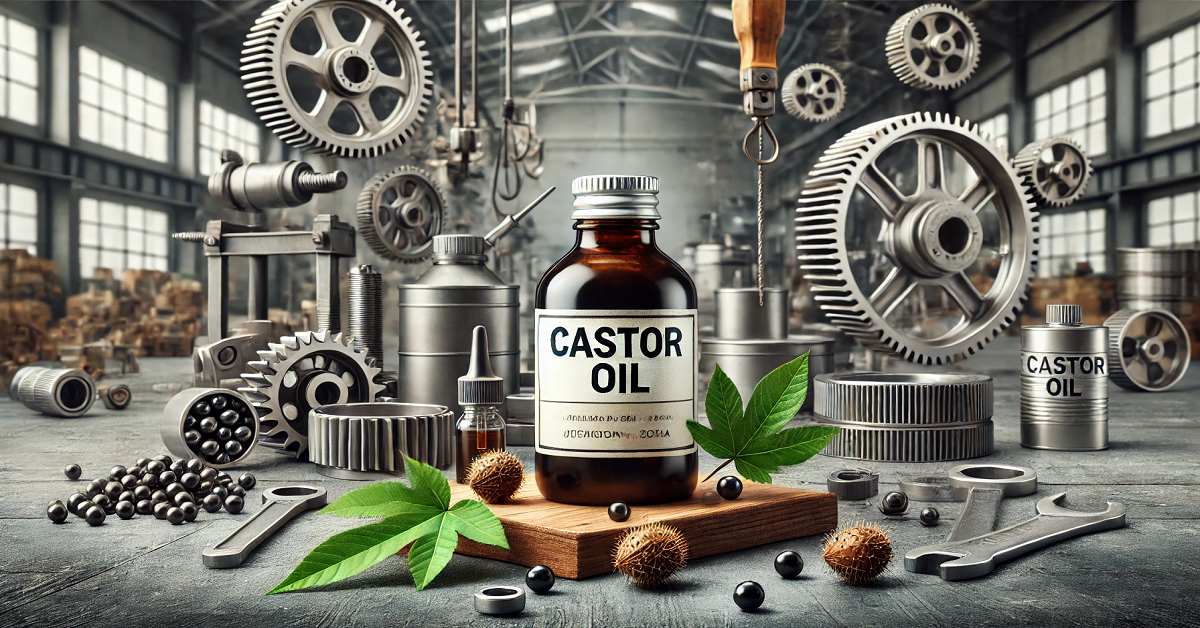 A wide image featuring a bottle of castor oil labeled 'Castor Oil,' placed on a workbench surrounded by industrial elements such as mechanical gears, lubricant containers, and tools. Castor beans and leaves are included to highlight the natural origin of the oil, set against a professional industrial background showcasing its applications in manufacturing and production.