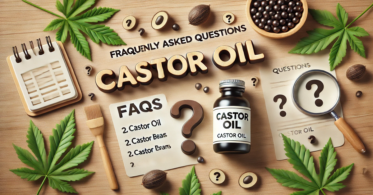 A wide image featuring a bottle of castor oil labeled 'Castor Oil,' placed on a wooden surface surrounded by castor beans, leaves, and question mark icons. The scene includes elements such as a notepad and a magnifying glass, symbolizing inquiry and exploration, set against a clean and neutral background to emphasize frequently asked questions about castor oil