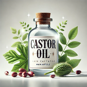 A small, visually appealing image featuring a bottle of castor oil labeled 'Castor Oil,' surrounded by castor beans and vibrant green leaves. The bottle is placed against a clean white background with soft natural lighting, emphasizing the natural and versatile essence of castor oil