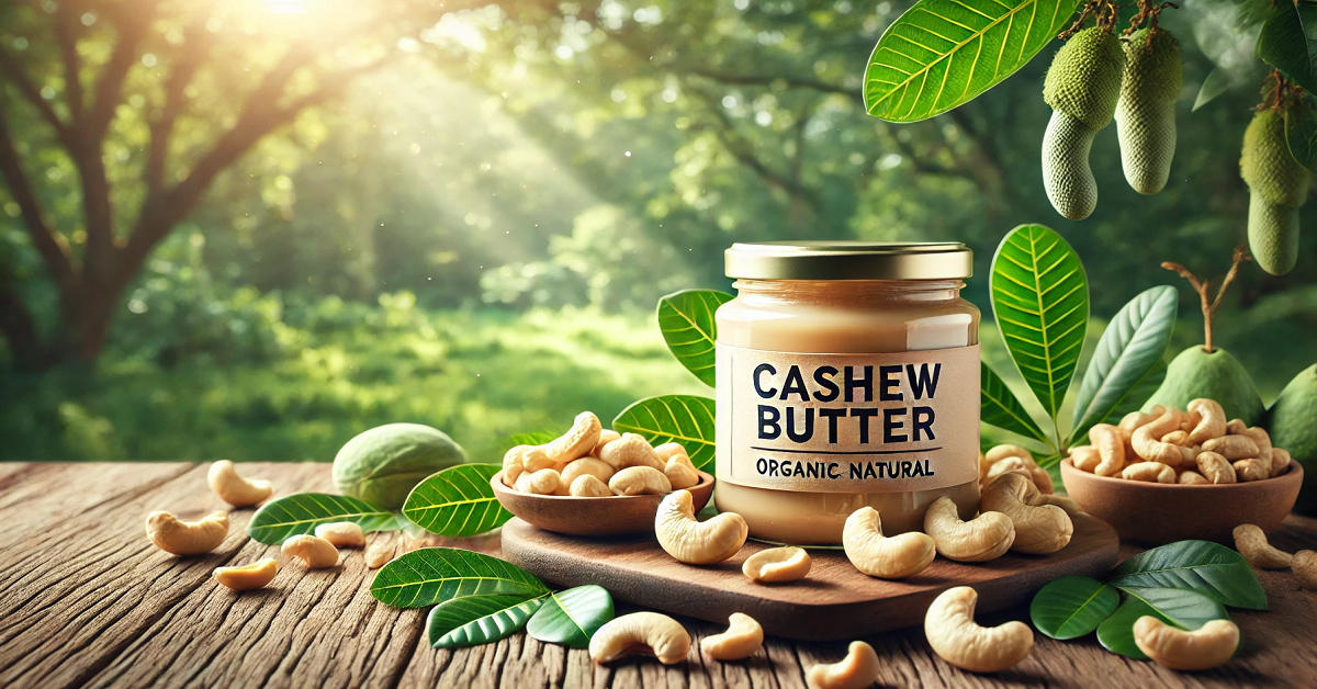 A wide image featuring a jar of cashew butter labeled 'Cashew Butter,' placed on a wooden surface surrounded by fresh cashew nuts and green leaves. The background showcases a natural, outdoor environment with soft sunlight, emphasizing the organic and wholesome essence of the product.