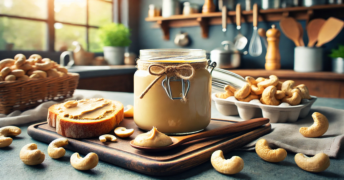 A wide image featuring a jar of cashew butter on a kitchen countertop, surrounded by fresh cashew nuts, a wooden spoon with a dollop of cashew butter, and a rustic breadboard with slices of bread. The background showcases a cozy, well-lit kitchen with natural light streaming through a window, highlighting the culinary versatility of cashew butter