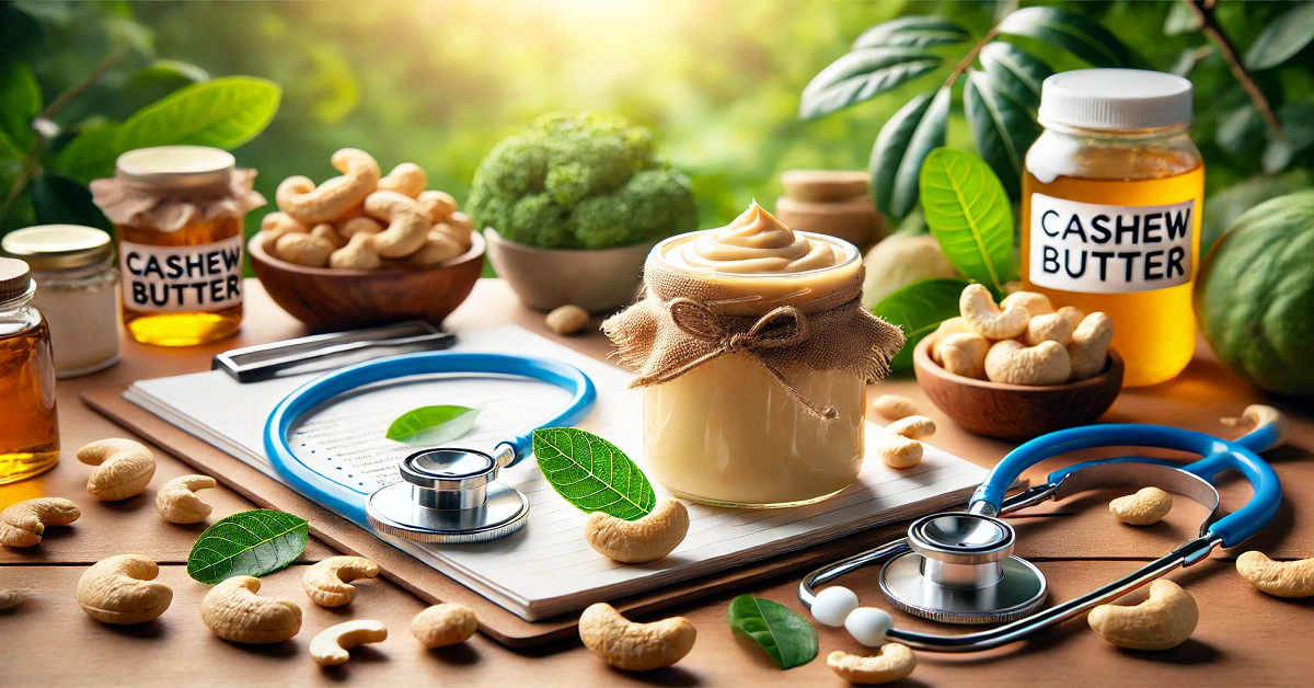 A visually appealing image highlighting the health benefits of cashew butter. The scene features a jar of cashew butter surrounded by fresh cashew nuts and vibrant green leaves, placed on a wooden surface. Health-related elements like a stethoscope, a notepad with health notes, and a small bowl of fresh fruits add context to its nutritional value. The softly lit background creates a warm and inviting atmosphere, emphasizing the wholesome and health-focused qualities of cashew butter