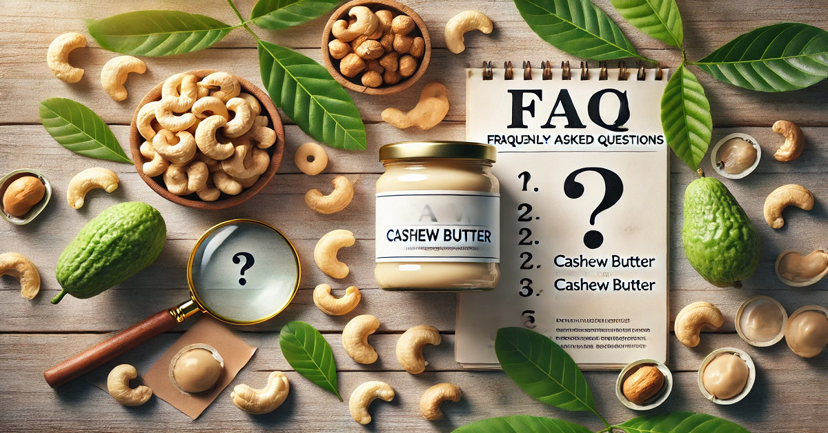 A wide image featuring a jar of cashew butter placed on a wooden table, surrounded by fresh cashew nuts and green leaves. Elements like a magnifying glass, a notepad, and question mark icons emphasize inquiry and exploration, creating a theme of frequently asked questions about cashew butter