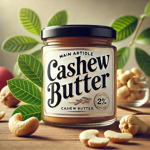 A small and visually appealing image featuring a jar labeled 'Cashew Butter,' surrounded by fresh cashew nuts and vibrant green leaves. The jar is placed on a wooden surface with a clean, softly lit background, emphasizing the natural and wholesome qualities of cashew butter