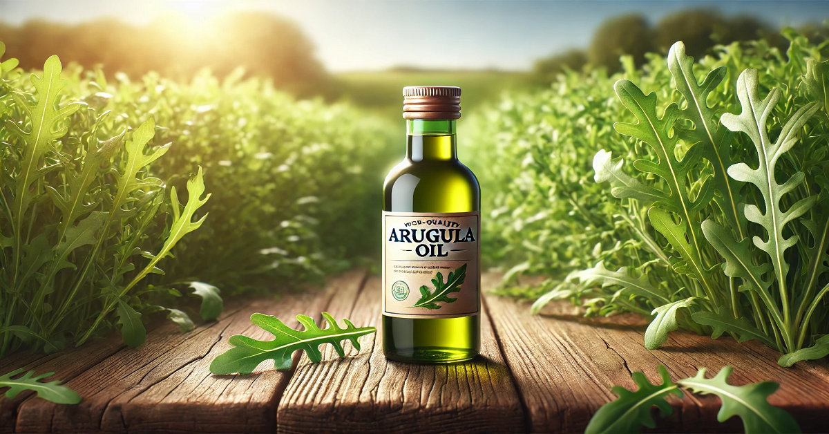 A high-quality bottle of arugula oil placed on a wooden table, surrounded by fresh green arugula leaves. The background features a vibrant arugula field under soft sunlight, emphasizing the natural and organic essence of the product.