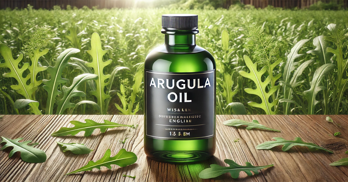 A sleek bottle of arugula oil labeled in English, placed on a wooden table surrounded by fresh green arugula leaves. The background features a lush, sunlit arugula field, emphasizing the oil's natural and organic origin. Perfect for illustrating the concept of 'What is Arugula Oil