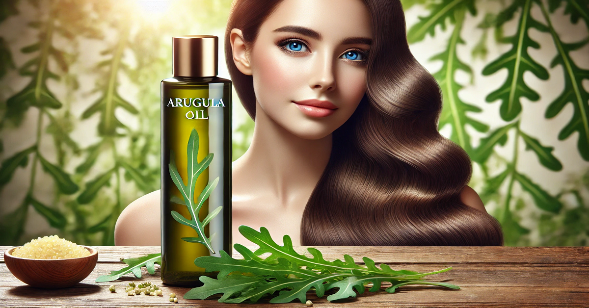 A vibrant image of a woman with long, shiny, and healthy hair, symbolizing the health benefits of arugula oil for hair care. The scene includes a sleek bottle labeled 'Arugula Oil' in English, surrounded by hair care products and fresh green arugula leaves, set against a bright and natural background