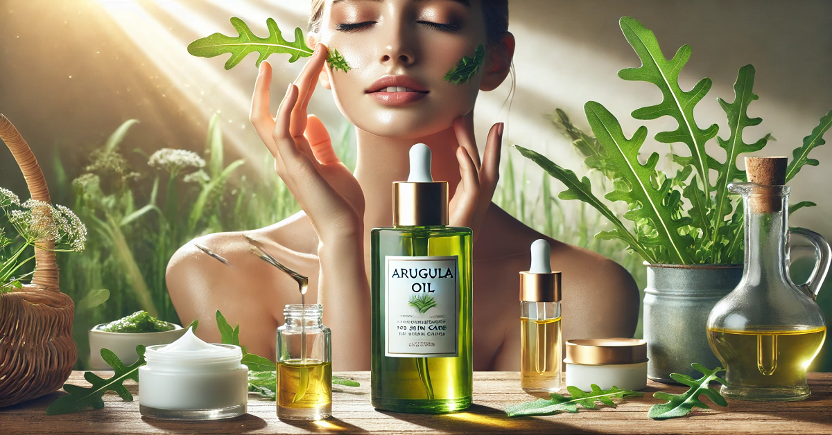 A serene image showcasing the health benefits of arugula oil for skin care. A sleek bottle labeled 'Arugula Oil' is surrounded by skincare products like creams and serums, with fresh green arugula leaves emphasizing its natural origins. A woman with glowing, radiant skin is applying the oil to her face in a soft, sunlit setting, highlighting its nourishing and hydrating properties