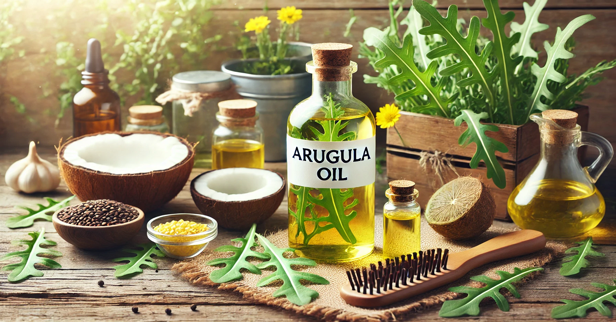 A visually appealing setup featuring a sleek bottle of arugula oil labeled in English, surrounded by natural ingredients such as coconut oil, castor oil, lemon slices, and fresh arugula leaves. The scene includes beauty tools like a comb and skincare jars, placed on a rustic wooden table. The soft greenery and warm sunlight in the background emphasize the oil's organic and versatile use in natural skin and hair care recipes.