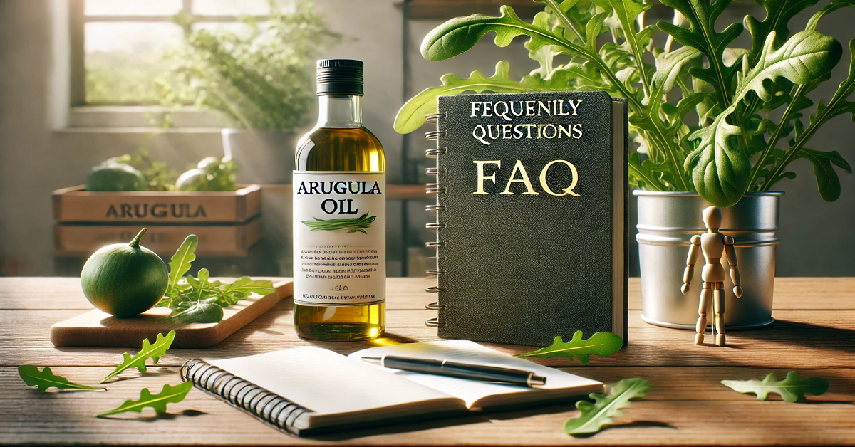 A visually engaging image representing a 'Frequently Asked Questions' section. The setup includes a notebook and pen on a wooden desk, a sleek bottle of arugula oil labeled in English, and fresh green arugula leaves. The background features a soft, natural setting with sunlight filtering through, creating a calm and inviting atmosphere ideal for addressing FAQs about arugula oil.