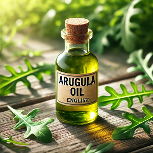 A beautifully designed image featuring a sleek bottle of arugula oil labeled 'Arugula Oil' in English, placed elegantly on a wooden table surrounded by fresh green arugula leaves. The background transitions softly into a sunlit natural field, emphasizing the oil's organic and nourishing qualities