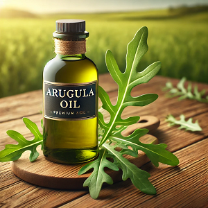 A sleek bottle of arugula oil labeled 'Arugula Oil' in English, placed on a wooden table surrounded by fresh green arugula leaves. The composition features a natural and inviting background with soft sunlight, emphasizing the oil's organic and nourishing qualities, ideal for the main article header.